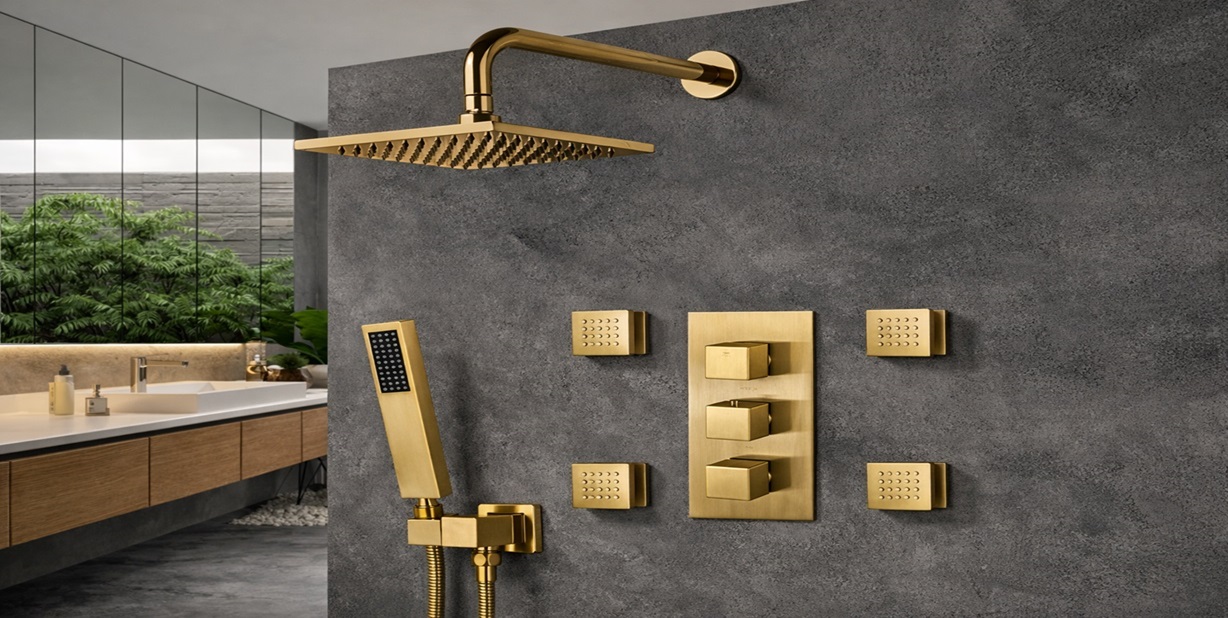 Brushed gold shower set with concealed valve